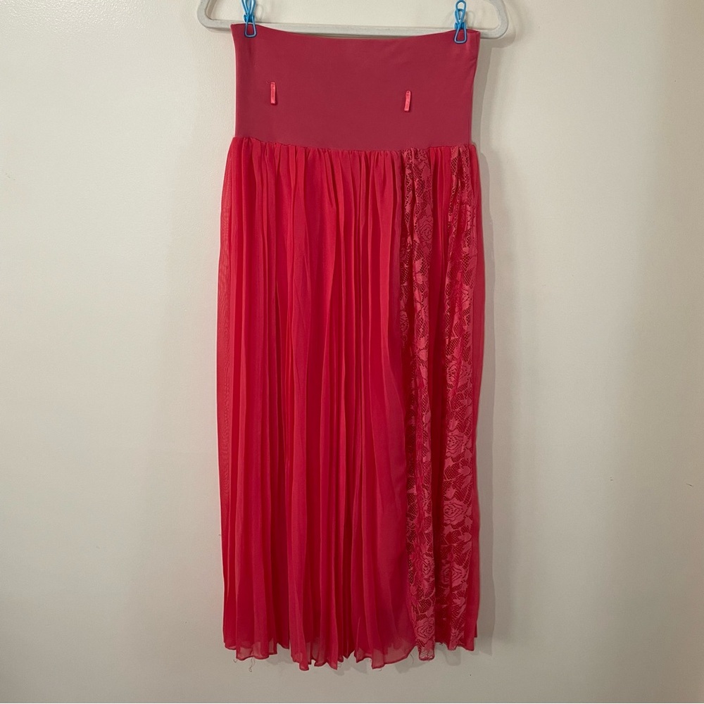 Peach Color Pleated Lace Detailed Maxi Skirt